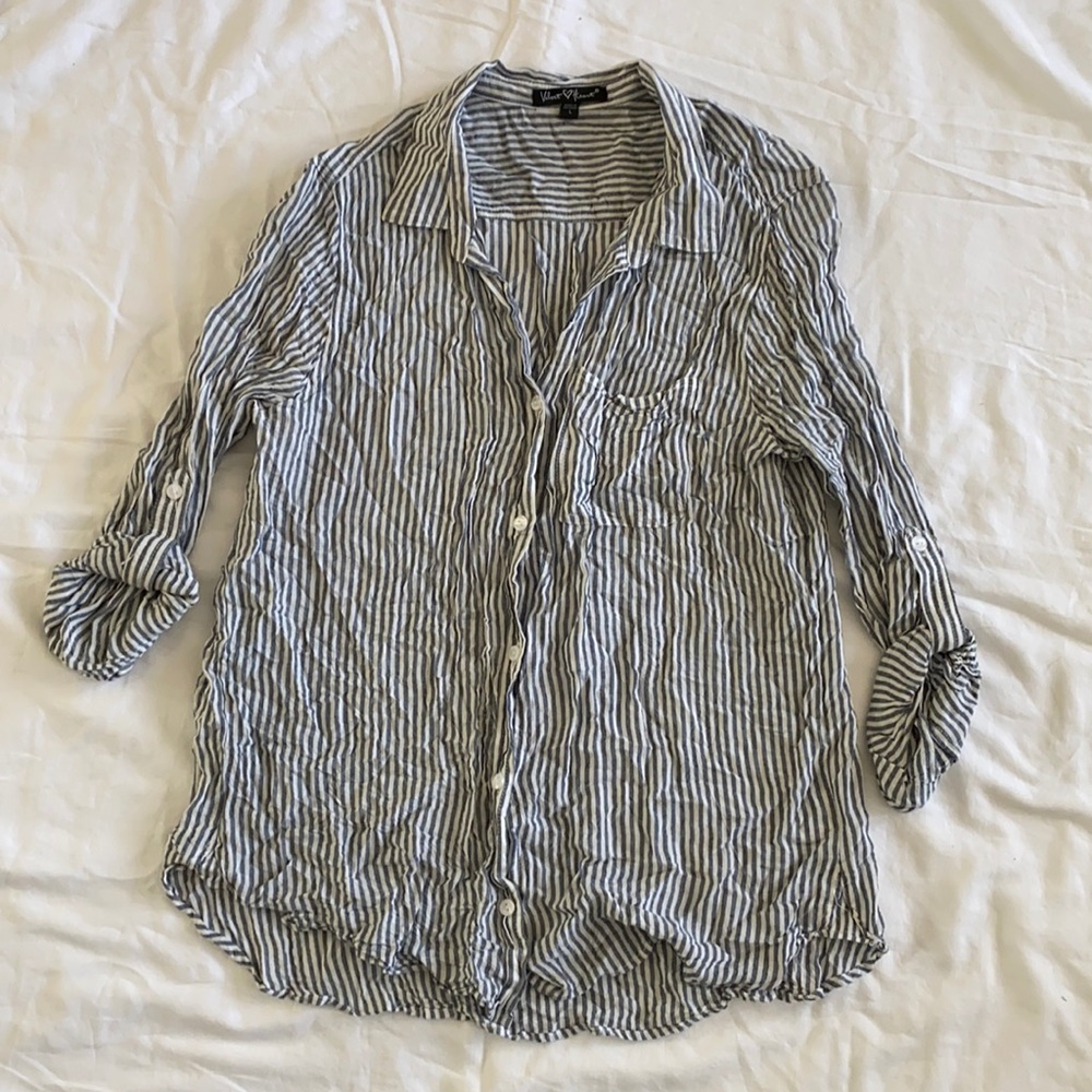 Blue and white striped button down shirt